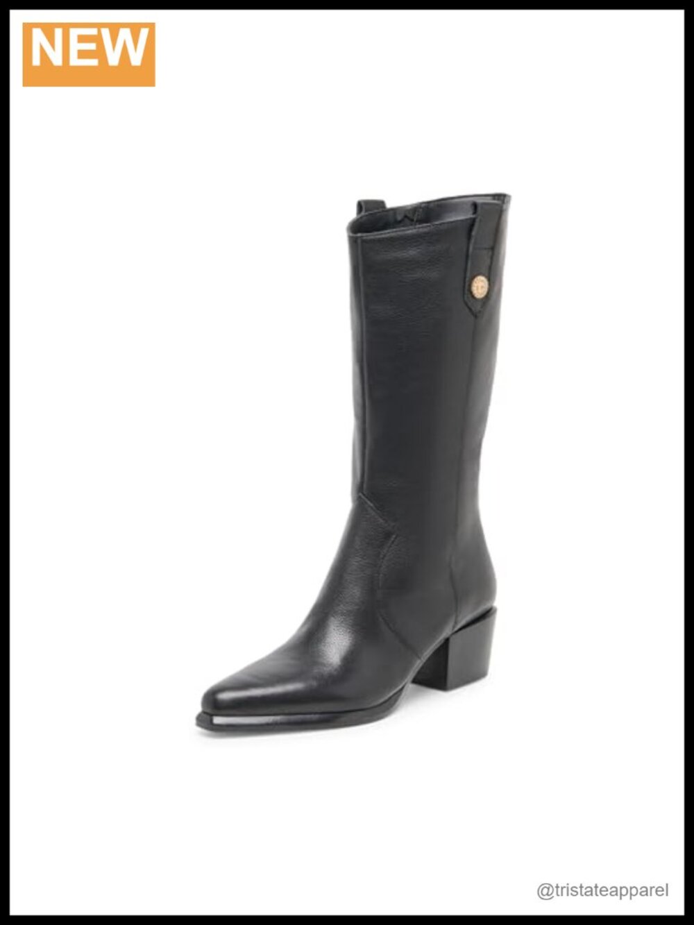 Mid Calf Leather Pull-On Boots with Block Heel